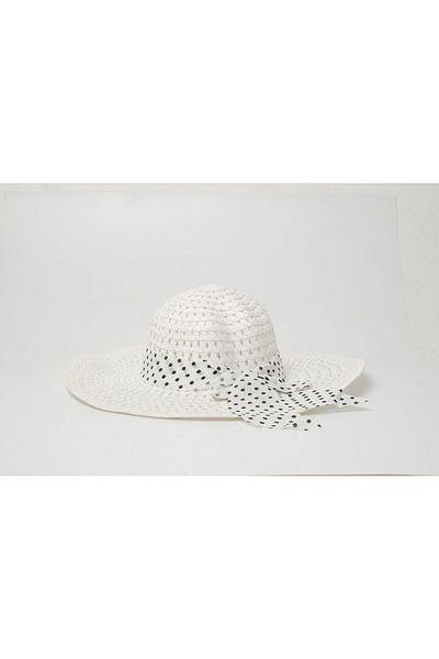 OX-RA White Straw Beach Hat with Polka Dot Fabric Stripe and Bow Detail