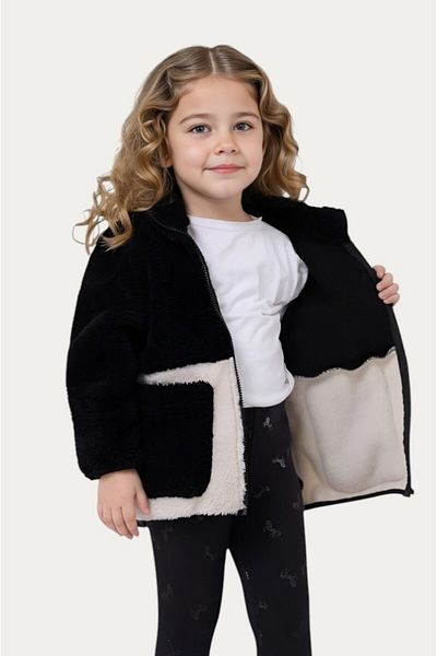 Montland Girl's Plush Black Ecru Pocket Zippered Welsoft Winter Coat