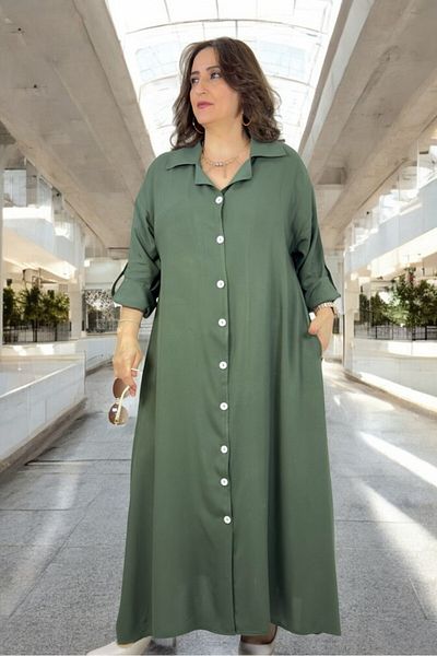 yagmurberen Embroidered Detail Front to Boydan Buttoned Folding Sleeve Pocket Plus Size Cotton Viscose Plus Size Dress