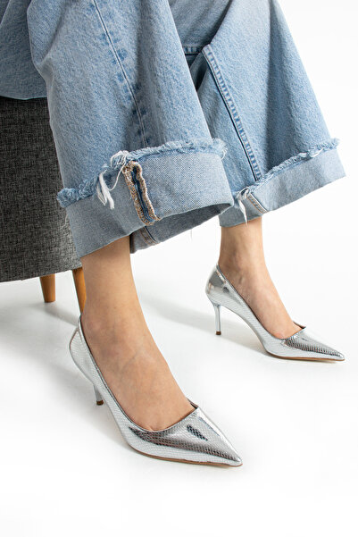 Güllü Shoes Silver Gray Vegan Leather Snake Patterned 7 cm Thin Heeled Pointed Toe Stylish Comfortable Women's Stiletto Shoes