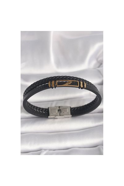 Skygo 316L Steel Gold Color Black Twist Model Leather Cord Men's Bracelet with Wing Accessory - Tj-Eb3703