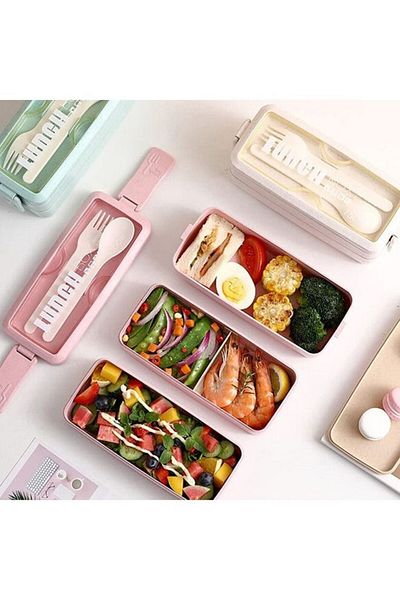 COOYA Stackable 3-In-1 Compartment, Wheat Straw Bento Lunch Box,leakproof,with Bag for Kids,Adults (Pink)