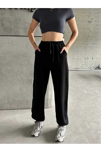 UYN SPORT Unisex Large Size Comfortable Fit Oversize Two Thread Black Sweatpants