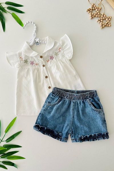 Minigimin Cicileri Baby Girl 2-Piece Set with My Little One's Ciceras Embroidery Floral Pattern Denim Shorts - White