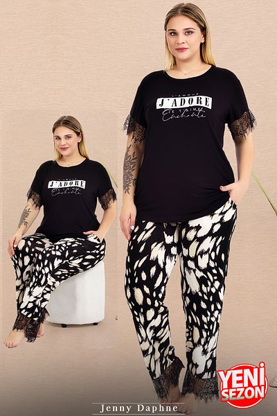 Jenny Daphne Lady Plus Size Print Patterned Arms and Legs Lace Crew Neck Short Sleeve Pajama Set 10980