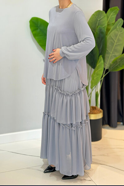 Ceremony Γκρι 5999 Sandy Suit Φούστα σιφόν με βολάν και μανίκια με κράσπεδο