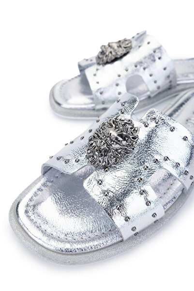 Tamer Tanca Γυναικείες φλατ παντόφλες από γνήσιο δέρμα σε γκρι χρώμα