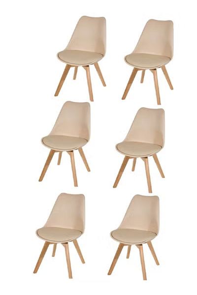 Taimi Pack Of 6 Mid Century Modern Side Chair , PU Leather Soft Padded Seats and Solid Wood Legs Beige