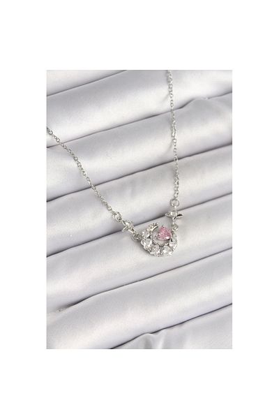Skygo 316L Steel Silver Color Zircon Stone Crescent Pink Heart Model Women's Necklace - Tj-Bko9930