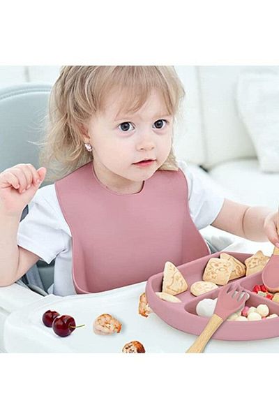 COOYA BPA Free Silicone Feeding Set,5 Baby Weaning Feeding Supplies,Suction Bowl,Divided Plate,Spoon,Fork