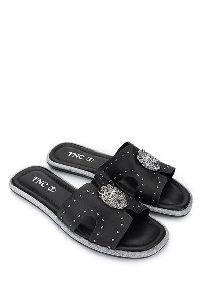 Tamer Tanca Women's Genuine Leather Black Flat Slippers