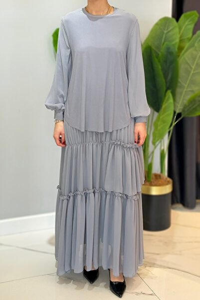 Ceremony Γκρι 5999 Sandy Suit Φούστα σιφόν με βολάν και μανίκια με κράσπεδο