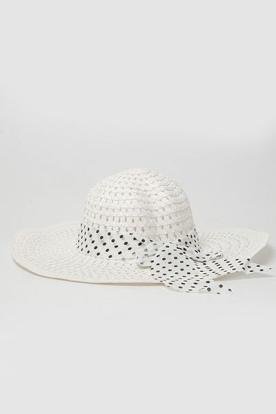 OX-RA White Straw Beach Hat with Polka Dot Fabric Stripe and Bow Detail