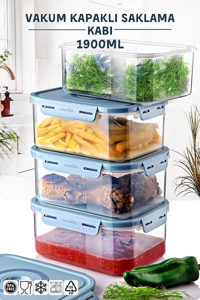 Nandy Home Set of 4 Vacuum Lid Storage Containers Can Be Used in Microwave and Freezer 1900ml