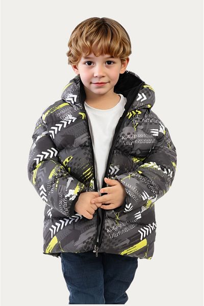 Montland Boy's Yellow Black Digital Pattern Inside Fleece Water and Windproof Hooded Puffer Winter Coat