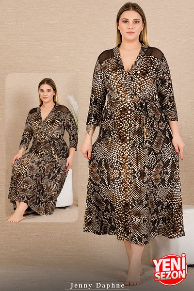 Jenny Daphne Mother Size Snake Pattern Double Lacing Dress Shoulders Tulle Long Sleeve Nightgown Oversize 7286