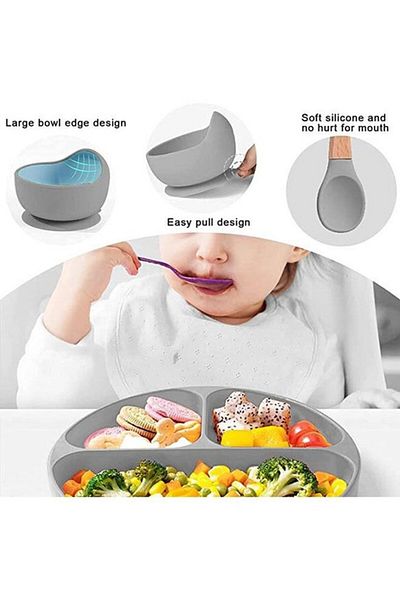 COOYA Silicone Baby Feeding Set,Toddler Divider Plate & Bowl with Suction,BPA Free(Grey)