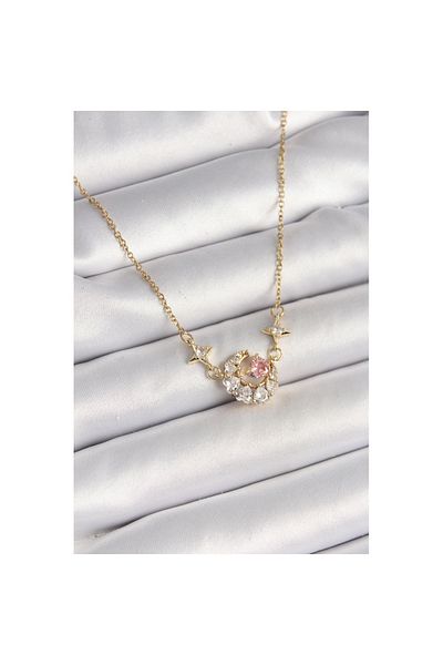 Skygo 316L Steel Gold Color Zircon Stone Crescent Pink Heart Model Women's Necklace - Tj-Bko9932