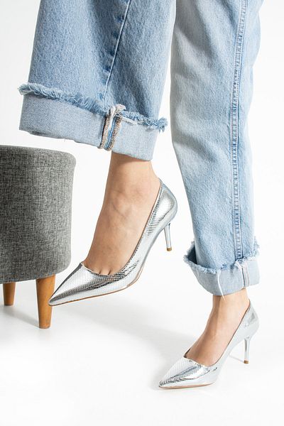 Güllü Shoes Silver Gray Vegan Leather Snake Patterned 7 cm Thin Heeled Pointed Toe Stylish Comfortable Women's Stiletto Shoes