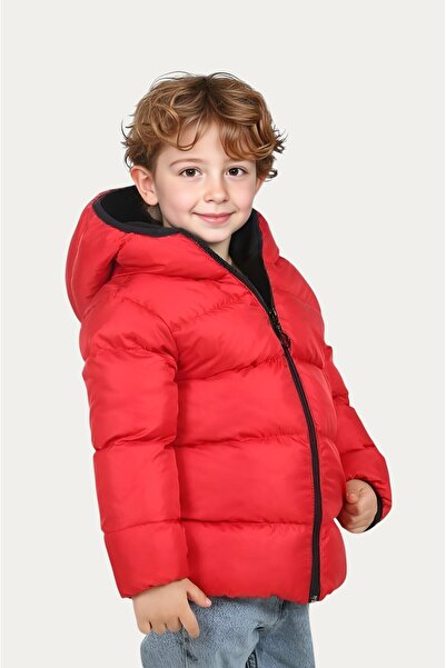 Montland Fiú piros belső polár kapucnis vízálló szélálló felfújható télikabát és kabát