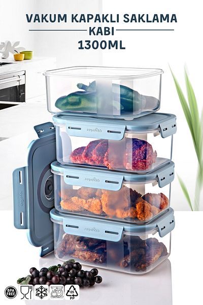Nandy Home 4'Lio Set 1300ml Vacuum Storage Container Can Be Used in Microwave and Freezer
