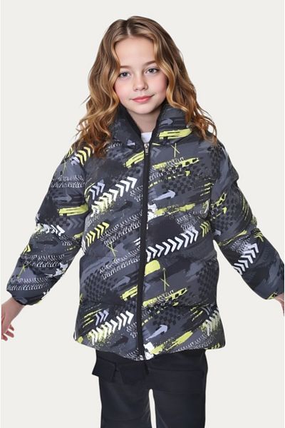 Montland Girl's Yellow Black Digital Pattern Fleece Water and Windproof Hooded Inflatable Winter Coat