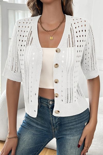 citystyle Summer Short Sleeve Button Openwork V-Neck Knit White Cardigan