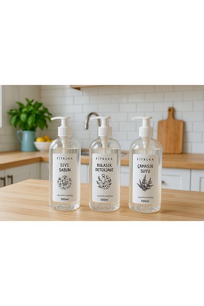 Ftrk Store Plastic Clear Bottle 500ml with Liquid Soap, Dishwashing Detergent and Bleach Label