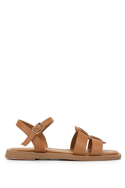 Tamer Tanca Women's Genuine Leather Dark Tan Flat Sandals