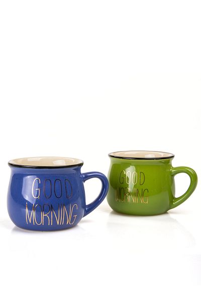 MUKKO HOME Set of 2 Enamel Look Porcelain Mugs with Good Morning Gold Writing 150 ml