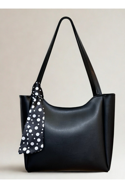 fular & bags Geantă de mână și de umăr pentru cumpărături neagră pentru femei, cu eșarfă cu buline, cu fermoar și închidere cu capse