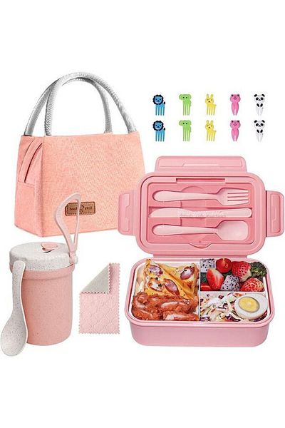 COOYA Lunch Box with 3 Compartments and Cupfor,Lunch Bag,Spoon,Fork,for Kids,Adults (Pink)