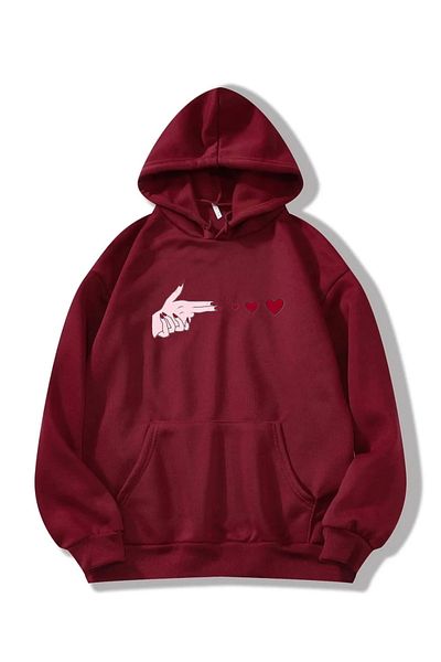 RPT MODA Oversized Three Heart Print Detail Hooded Basic Sweatshirt