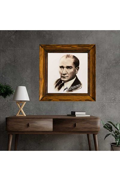 Mask Ataturk Portrait Ceramic Painting with Wooden Frame 29X29Cm Model 2