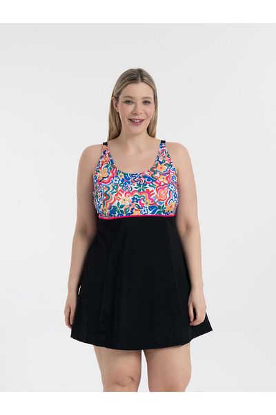 AQUAVİVA Aquaviva - Women's Plus Size Black Carnation Pattern Gathering Stylish Dress Swimsuit