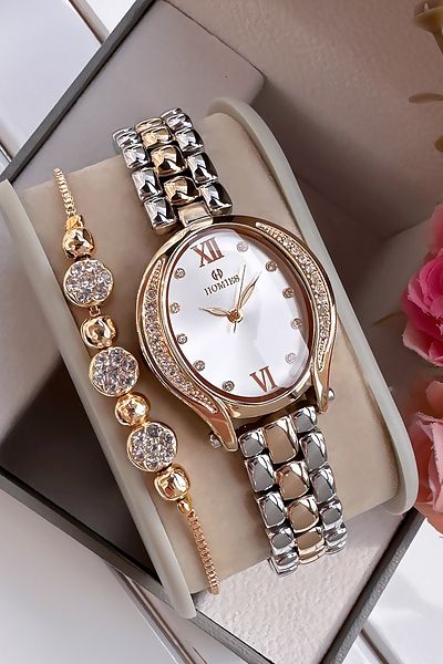 Homies Women Wrist Watch - Oval Case, Gold Silver Steel Band Hmby2050C2