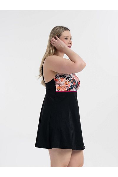AQUAVİVA Women's Plus Size Black Daisy Pattern Gathered Dress