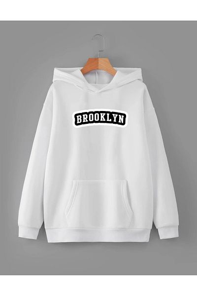 RPT MODA Oversized Brooklyn White Printed Detail Basic Sweatshirt with Hood