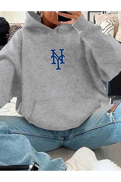 RPT MODA Oversized Blue Ny Print Detail Hooded Basic Sweatshirt