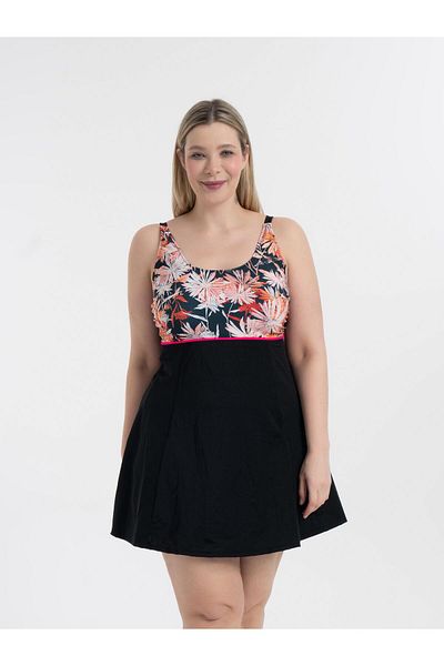 AQUAVİVA Women's Plus Size Black Daisy Pattern Gathered Dress