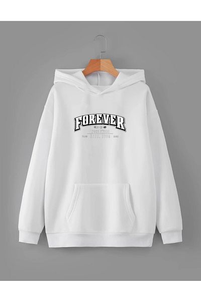 RPT MODA Oversized White Forever Printed Basic Sweatshirt with Hooded
