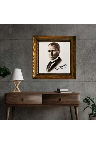 Mask Ataturk Portrait Ceramic Painting with Wooden Frame 29X29Cm Model 3