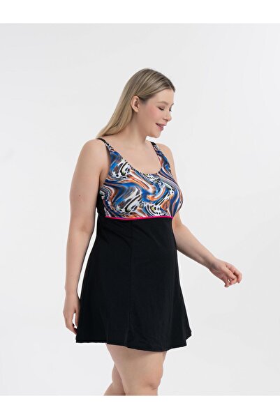 AQUAVİVA Aquaviva Women's Large Size Black Blue Orange Pattern Gathering Intermediate Pipe Adjustable Strap Stylish Dress