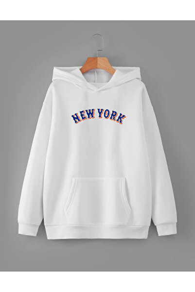 RPT MODA سويت شيرت برتقالي كبير الحجم بطباعة نيويورك بغطاء للرأس