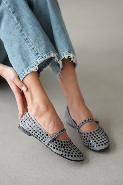 selin shoes Caren Burgundy Velvet Fabric Ankle Lace-Up Women's Babet with Stone Detail - Gray