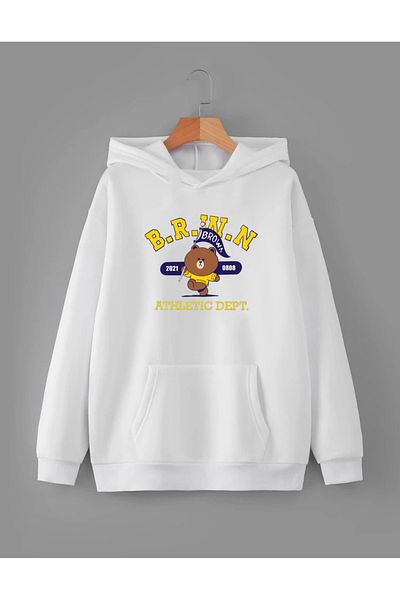 RPT MODA Oversized Brown Printed Detail Basic Sweatshirt with Hood