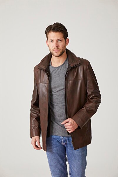 Deriderim Chestnut Sheldon Zippered Knitwear Collar Zippered Closure Loose Cut Genuine Men's Leather Coat
