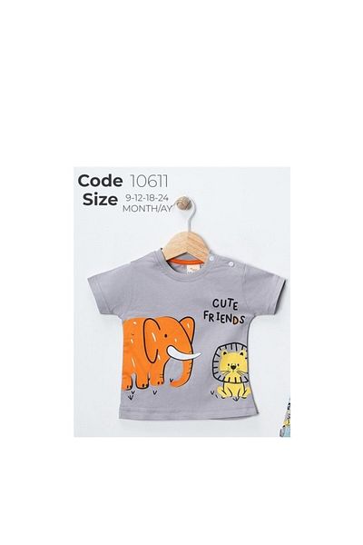WOW 126-04-25 Boy's Elephant Printed Shoulder Buttoned T-Shirt with Shorts Summer Top-Bottom Suit 9-24 Months