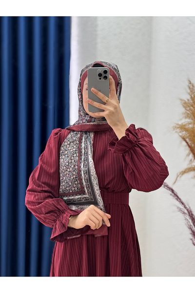 Ebrar Store Zenora Elastic Waist Nada Mevlana Dress-Kb7475 Claret Red