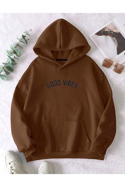 RPT MODA ОБЕМЕН СУИТШЪР С КАЧУЛКА И ДЕТАЙЛИ С ПРИНТ „GOOD VIBES“